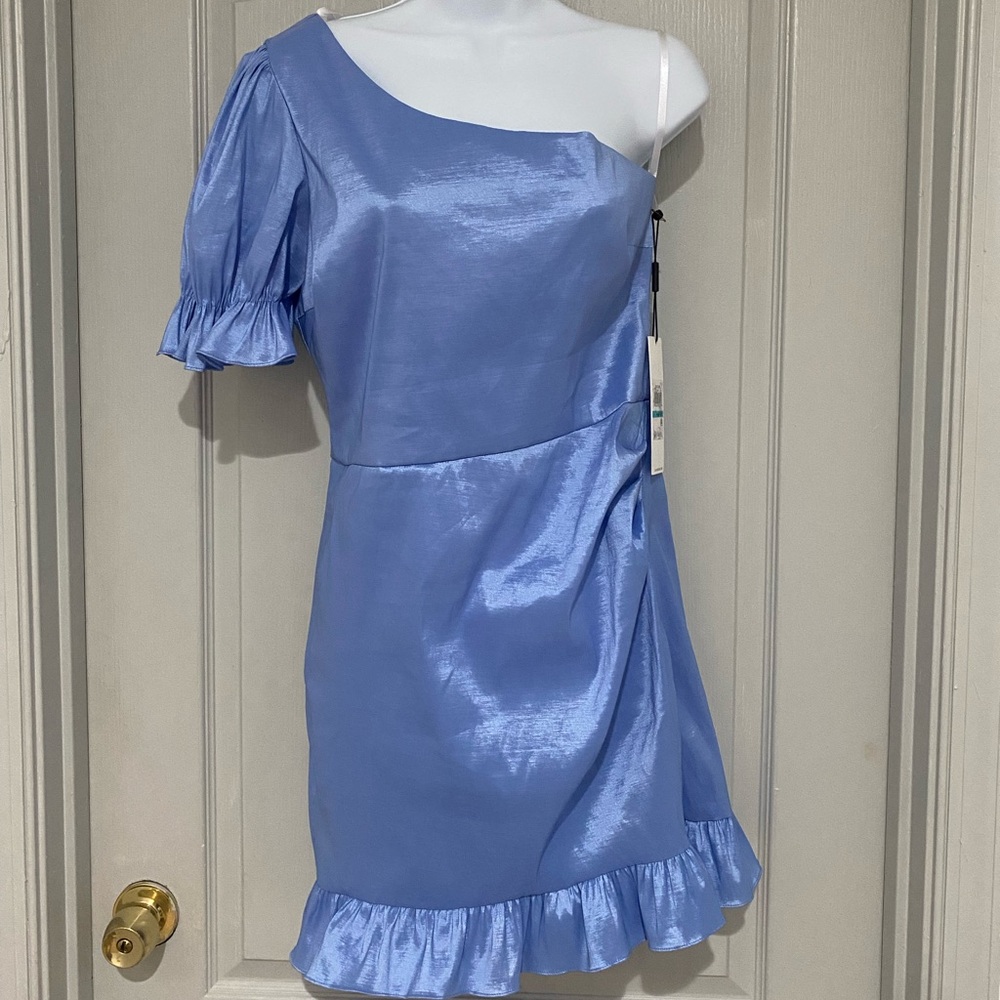 B Darlin Shimmering Blue One-Shoulder, Ruffle Hem, Puff Sleeve Dress